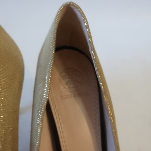 Authentic Womens Tory Burch Shaila Metallic Shimmer Gold Black Heel Pumps 9.5 - Picture 7 of 11